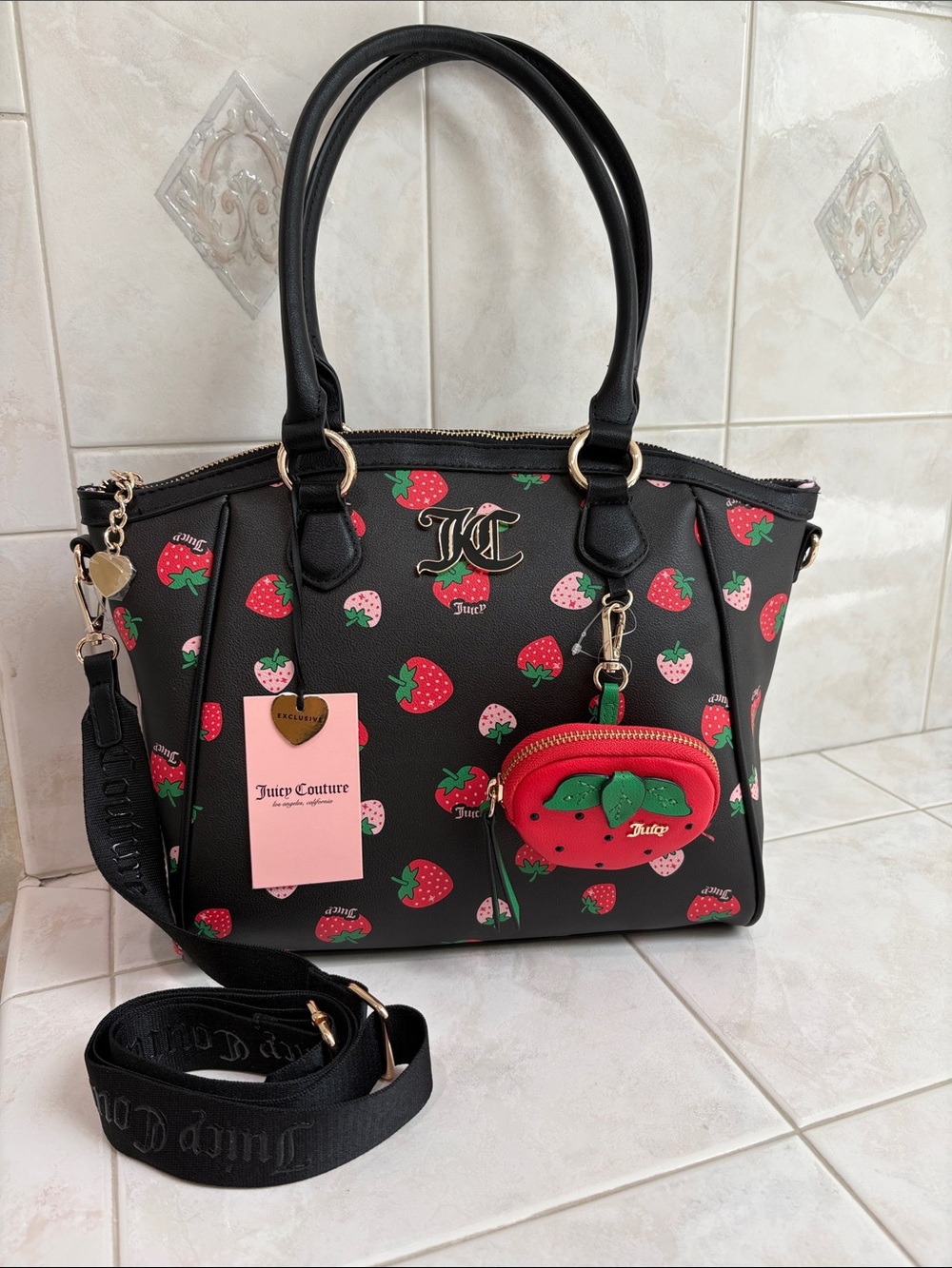 Juicy Couture Sweet and Juicy Shoulder/ Tote in Black and Red Strawberry Print